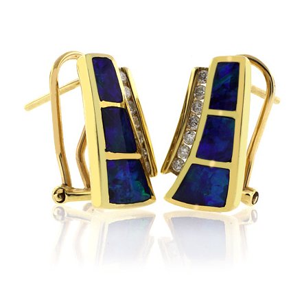 Omega Back 14K Gold Genuine Opal Diamond Earrings