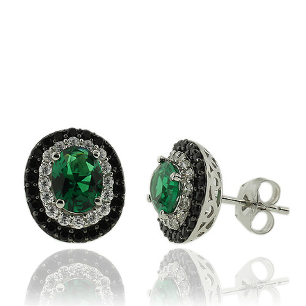 Oval Cut Emerald Earrings With Simulated Diamonds and Sterling Silver