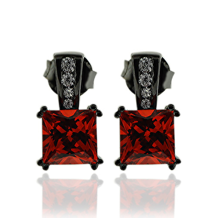 Gorgeous Princess Cut Fire Opal Earrings with Simulated Diamonds and Oxidized Silver