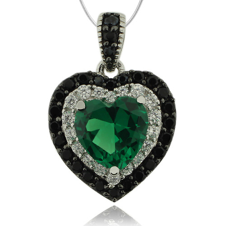 Hearth Shape Emerald and Silver Pendant With Simulated Diamonds