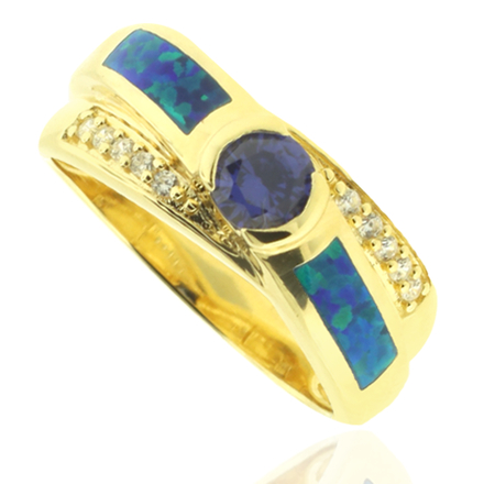 Gold Plated Ring with Tanzanite Gemstone in Round Cut and Australian Opal