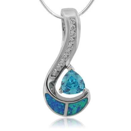 Trillion Cut Blue Topaz and Opal Sterling Silver Pendant