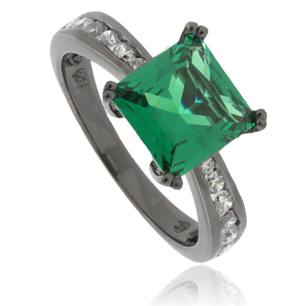 Princess-Cut Emerald Black Silver Ring Emerald (approx = 2 carat) + Simulated Diamonds