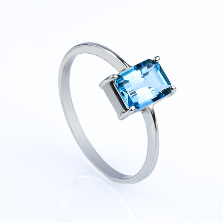 Genuine Emerald Cut Blue Topaz Engagement 14k White Gold Ring