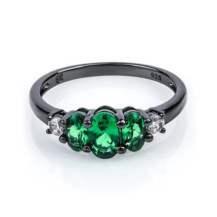 3 Stone Emerald Black Silver Ring