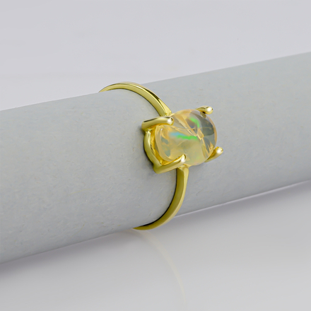 Genuine Mexican Opal Natural Polished Cabuchon 14K Solid Gold Ring
