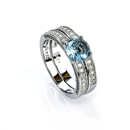 Round Aquamarine and Diamond Halo Micropavé Ring