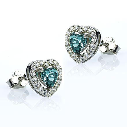 Heart Shape Cut Aquamarine Halo Silver Earrings