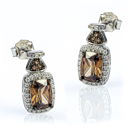 Silver Emerald Cut Chocolate Diamond Set Earrings Pendant