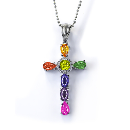 Beautiful Sterling Silver Cross With Mixed Gemstones 35 mm x 17 mm