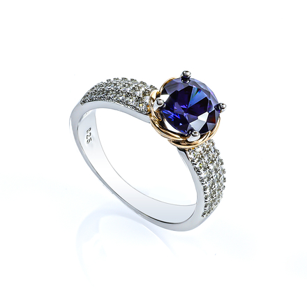 Brilliant Cut 7 mm Tanzanite Silver Ring with Yellow Gold