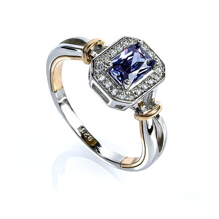 Emerald Cut 6 mm x 4 mm Tanzanite Silver Ring with Yellow Gold