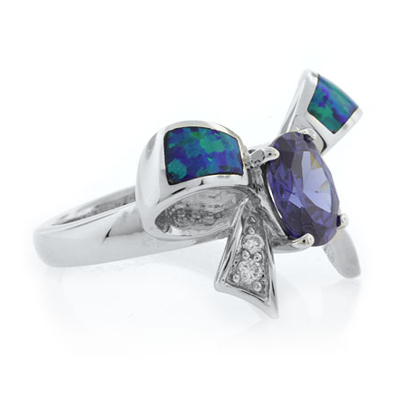 Bow Shape Australian Opal Ring with Tanzanite