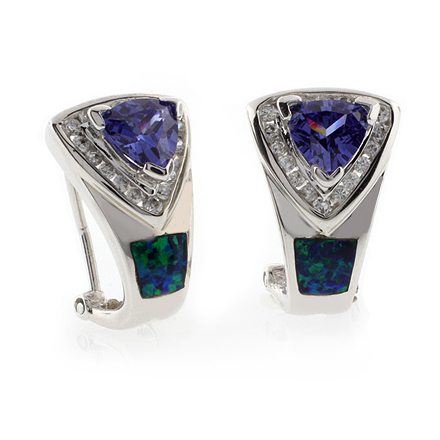 Omega Back Australian Opal with Tanzanite Earrings