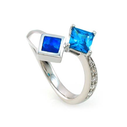 Australian Opal Ring with Princess Cut Blue Topaz