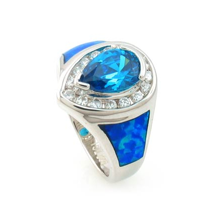 Australian Opal Ring with Pear Cut Blue Topaz