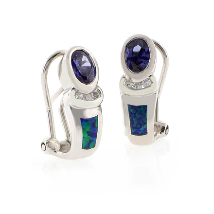 Blue Opal Oval Cut Tanzanite Silver Earrings