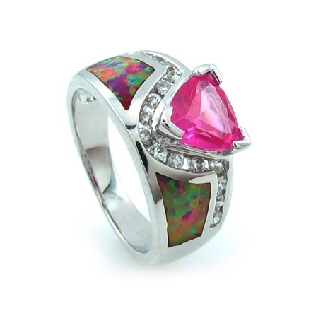 Bezel Set Opal and Red Ruby Ring in Sterling Silver with White Gold Plating