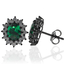 Precious Oval Cut Emerald and Oxidized Silver Earrings with Simulated Diamonds